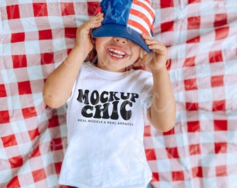 Patriotic White T-Shirt Mockup | Kid 4th of July White Mock-up | Boy Youth Memorial Day Mock Up | Aesthetic Real Photo | Trendy Digital PNG