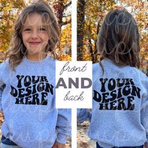 Mockup FRONT & BACK Bundle Sport Gray 18000b Sweatshirt, Kids Shirt Mockups, Youth Crewneck Grey g180b Lifestyle Mocks Gildan Youth 18000