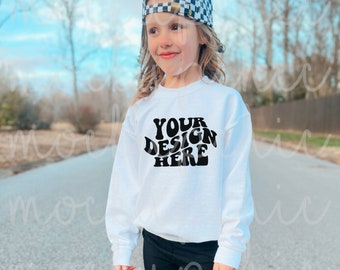 White Sweatshirt Mockup, Kids Gildan 18000b Crewneck Mock up, Girl White Sweater, Toddler Lifestyle Model Mocks, Retro Valentines Day Mockup