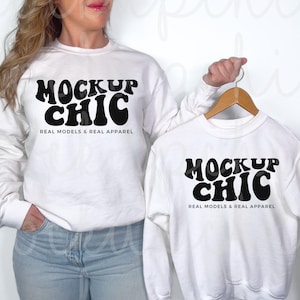 Mom and Me White Sweatshirt Mockup, Gildan Crewneck Mockups, 18000 18000b Matching Sweater, G180 Fall Mommy Daughter, Real Mama Mini Mocks