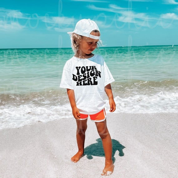 Kid White Shirt Beach Mockup, Comfort Colors 9018 White T-Shirt Mock-up, Trendy  Styled Boy Photo, Summer Cute Toddler C9018 Shirt Model POD