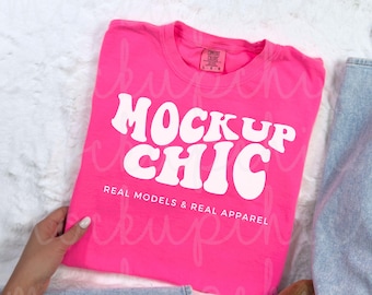 Neon Pink Comfort Colors Flat lay Shirt Mockup, Valentine&#39;s Day 1717 Tshirt Photo, Aesthetic Winter Flatlay Mock-up, C1717 T-shirt