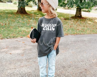 Kid Pepper Shirt Mockup, Comfort Colors 9018 Football Gray T-Shirt, Trendy Influencer Lifestyle Model, Boy C9018 Mock, Youth Short Sleeve