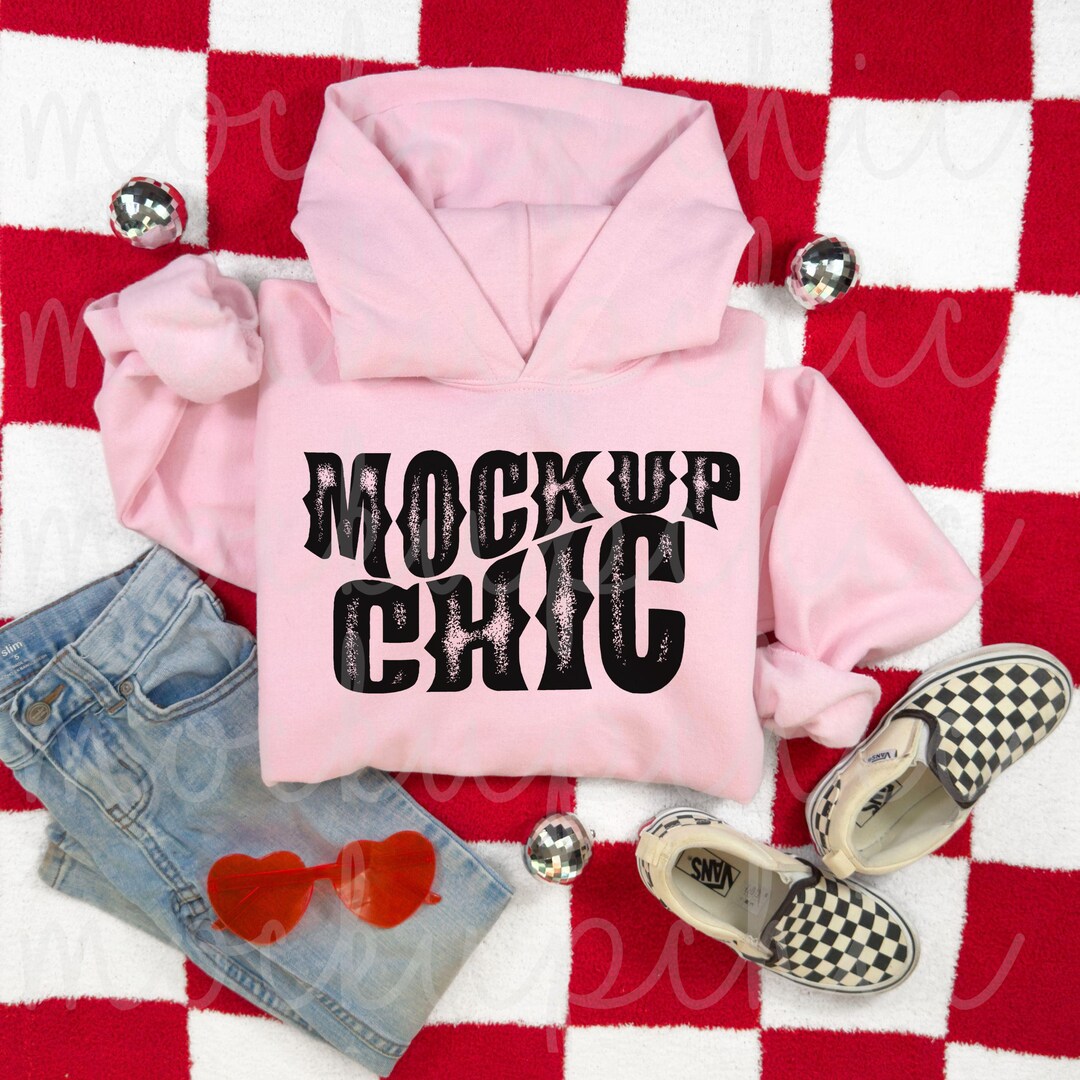 Pink Valentine's Day Hoodie Flat Lay Mockup, Light Pink Gildan 18500 ...
