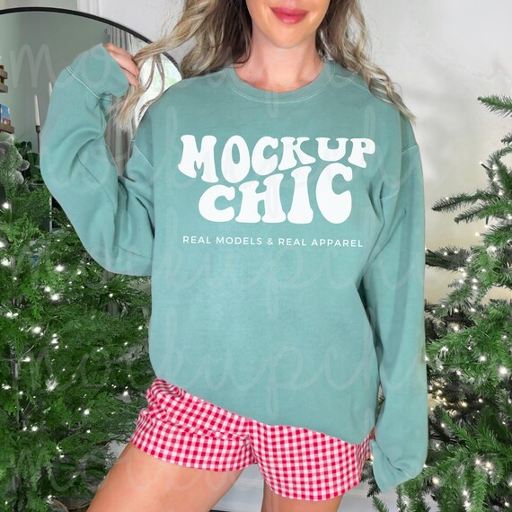 Light Green Comfort Colors Sweatshirt Christmas Mockup, Green Fall