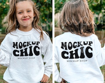 Mockup Gildan 18000 FRONT & BACK Kids White Sweatshirt Kid Shirt Mockups Youth Crewneck Lifestyle Mockup, Gildan Youth 18000b Mockup Bundle