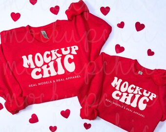Mom and Me Valentine's Day Sweatshirt Flat lay Mockup, Matching Gildan 18000 mock, G180 Sweater sleeve Flatlay, Retro Crewneck Mock-up Photo