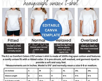 Size Chart Comfort Colors 1717 Editable Shirt Measurements Sizing Guide C1717 Mockup Template Tshirt Size Chart Mockups T-Shirt Mockup