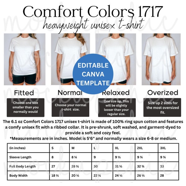 Size Chart Comfort Colors 1717 Editable Shirt Measurements Sizing Guide C1717 Mockup Template Tshirt Size Chart Mockups T-Shirt Mockup