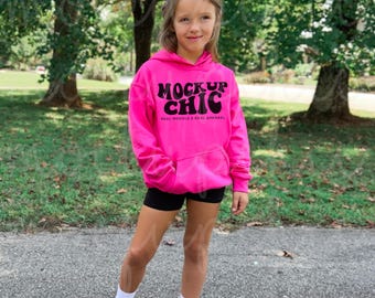 Kid Heliconia Hoodie Mockup, Front Back Bundle, Hot Pink Gildan