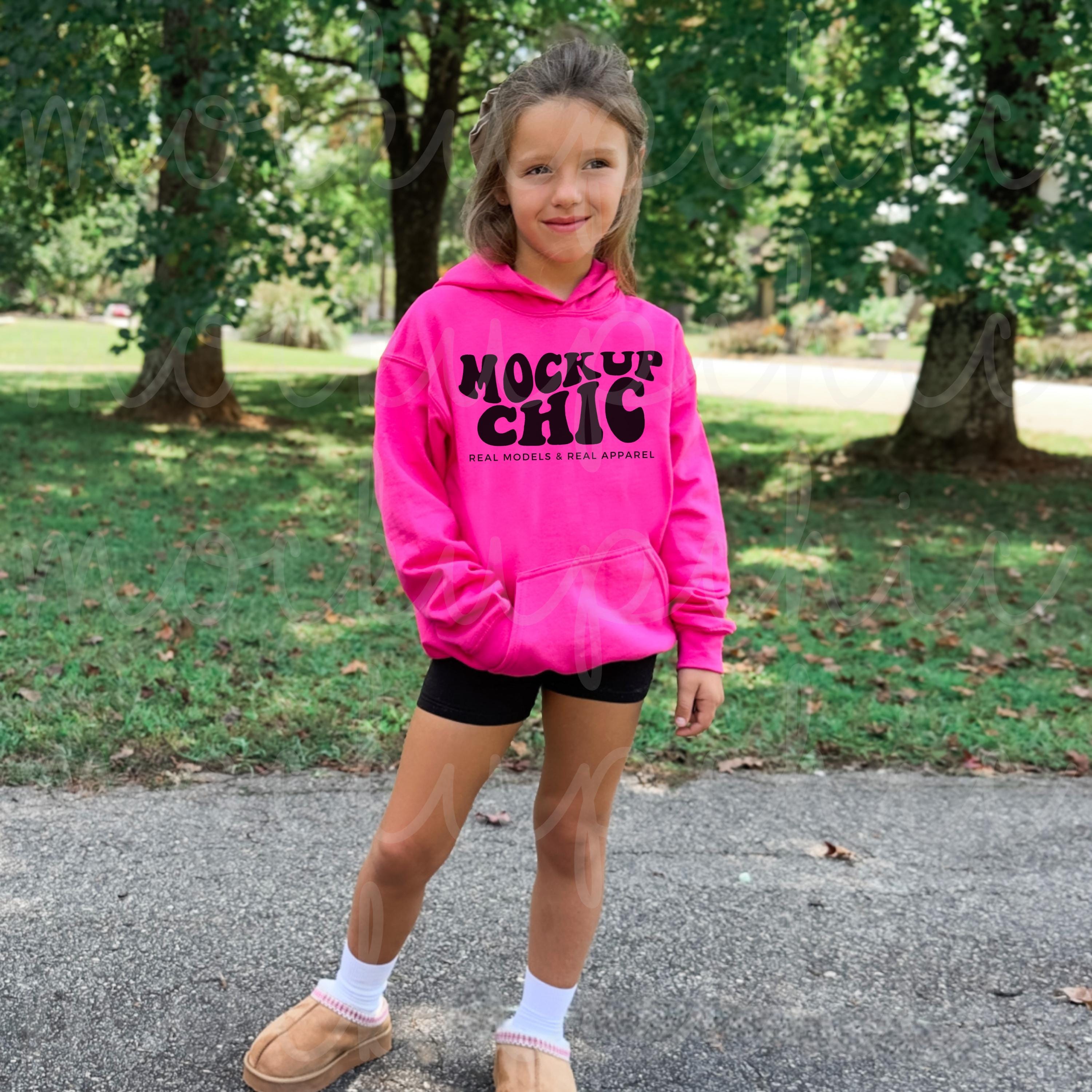 Kid Heliconia Hoodie Mockup, Front Back Bundle, Hot Pink Gildan