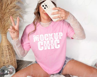 Heather Bubblegum Shirt Mockup, Bella Canvas 3001 Tshirt Photo, 3001CVC Boho Western Cowgirl,  Spring Summer Boho Bride T-shirt Mock-up