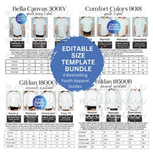 Puede incluir: Un gráfico con información de tallas para cuatro marcas populares de ropa para jóvenes: Bella Canvas, Comfort Colors, Gildan 18000L y Gildan 18500B. El gráfico incluye medidas para diferentes tallas, incluyendo normal, relajada, de gran tamaño y ajuste cómodo.