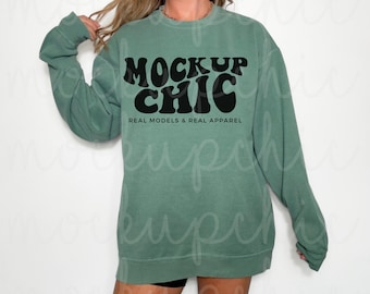 Light Green Comfort Colors Sweatshirt Sleeve Mockup, Green Fall 1566 Crewneck, Woman Model Oversized Sweater C1566 Styled Christmas Photo
