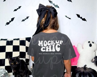 Pepper Halloween Back of Shirt Mockup, Kid Comfort Colors 9018 Gray T-Shirt, Girl Spooky Season Tshirt Mock, Real Youth Model Stock Photo