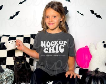 Pepper Halloween Shirt Mockup, Kid Comfort Colors 9018 Gray T-Shirt, Girl Spooky Season Grey Tshirt Mock, POD Real Youth Model Stock Photo