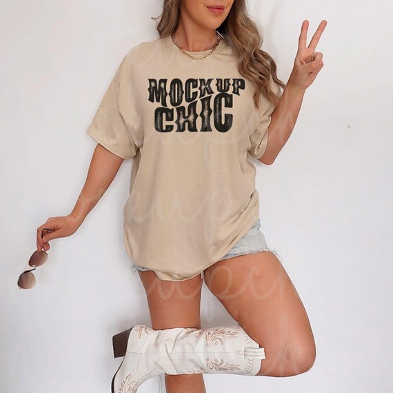 Gildan 5000 Sand Shirt Mockup | Retro G500 Beige TShirt Mock-up | Real Model Photo | Trendy Western Cowgirl Basic Mock | POD Gildan Images