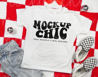 Maqueta de camiseta blanca para niños de San Valentín, maqueta de Bella Canvas, maqueta de camiseta 3001y de diseño plano, maqueta de camiseta retro para jóvenes de diseño plano para niños pequeños 3001t