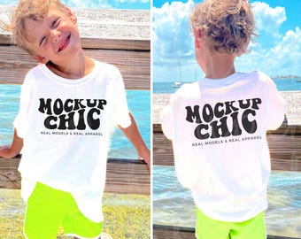 Dziecięca biała koszula plażowa, zestaw makiet, komfortowe kolory 9018, młodzieżowa koszulka, modne zdjęcie chłopca, model letniej koszulki dla malucha C9018