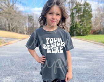 Pepper Comfort Colors 9018 Mockup | Youth Gray TShirt Mockups, Retro Girl Mock up, Trendy Lifestyle Kid Model Mock, POD Boho Real C9018 Grey