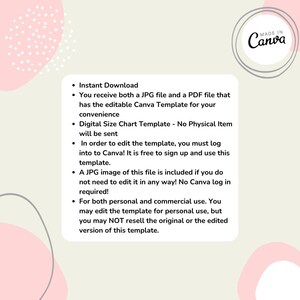 May include: A pink and white graphic with text describing a digital size chart template available for instant download. The text states that the template is for personal and commercial use, but the original or edited version may not be resold. The graphic also includes the text "MADE IN Canva".