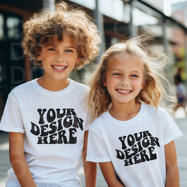 Mockup Sibling White Shirt, Trendy Kids White Shirt Mock up, Boy Girl White Shirt Mock, Brother Sister 3001 Bella Canvas Gildan POD Bundle