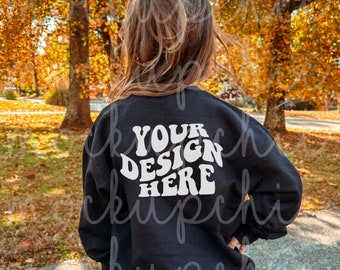 Mockup Gildan 18000b Black Back of Sweatshirt, 18000 Fall Kid Crewneck Mockup, Girl Gildan 18000 Thanksgiving Mockups, Lifestyle Model Mocks