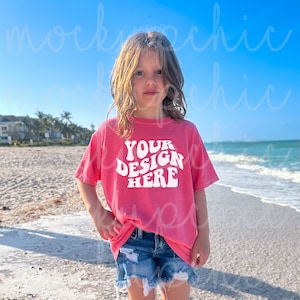 Crunchberry Beach Shirt Mockup, Youth Comfort Colors 9018 TShirt Mockups, Summer Girl T-Shirt Mock up, Real Kid Lifestyle Model, Pink Tee