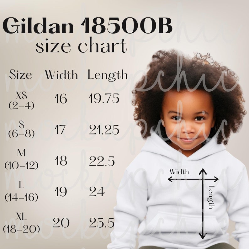 Size Chart Mockup Gildan 18500b Youth Hoodie, Style 18500 Kids Hooded