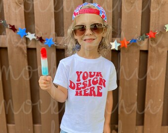 Mockup Kid White Shirt, Boy July 4th Bella Canvas 3001Y White Tshirt, C9018 Toddler Patriotic Mock, Youth Summer Memorial Day Tee Model