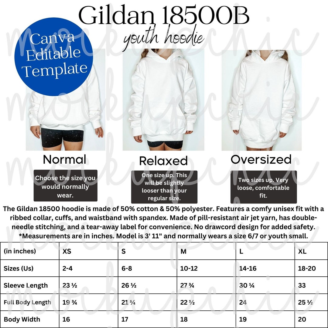 Size Chart Gildan 18500B Hoodie, Youth Editable Gildan 18500 Sizes