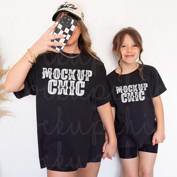 Mom and Me Mockup, Comfort Colors Black Shirt Mockups, C1717 C9018 Matching Black Tshirt, Mommy Daughter T-shirt Mock, Real Mama Mini