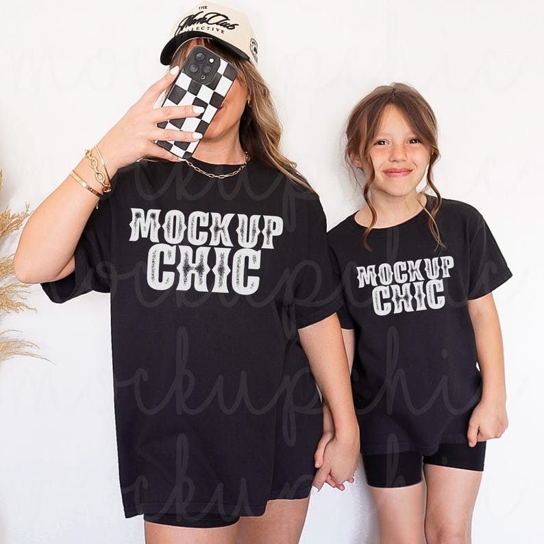 Mamma och jag-modell, svarta skjortmodeller i bekväma färger, C1717 C9018 matchande svart t-shirt, mamma-dotter-t-shirtmodell, Real Mama Mini bild 1