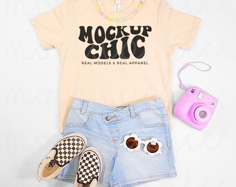 Natural Bella Canvas Shirt Flatlay Mockup, Beige 3001 TShirt Flat lay Mock-up, 3001y Kid Shirt Photo, 3001t Toddler Girl Styled Real Product