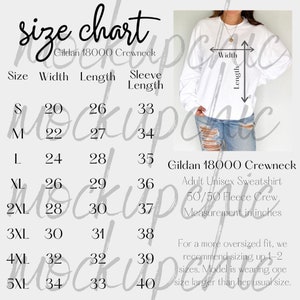 Size Chart Gildan 18000 | Gildan Crewneck Size Chart | 18000 Sweatshirt Sizing Guide Mockup | Gildan Measurement Sizes | Sizing Template