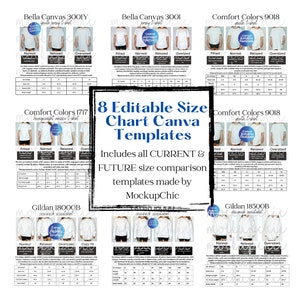 May include: Eight editable size chart Canva templates for t-shirts and sweatshirts. The templates include size comparison charts for Bella Canvas, Comfort Colors, and Gildan brands. The charts show measurements in inches for different sizes, including fitted, normal, relaxed, and oversized.