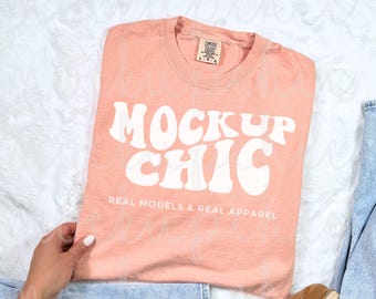 Pfirsichfarbene Komfortfarben Flach legen Shirt-Modell, 1717 Rosa T-Shirt Foto, ästhetischer Winter Flatlay Mock-up, C1717 Frühlings-Sommer-T-Shirt Foto