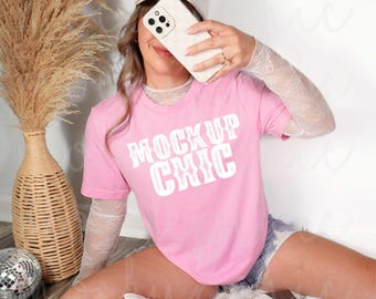 Heather Bubblegum Shirt Mockup, Bella Canvas 3001 Tshirt Photo, 3001CVC Boho Western Cowgirl,  Spring Summer Boho Bride T-shirt Mock-up