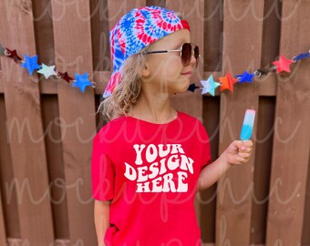 Mockup Red Kid Shirt, Boy July 4th Bella Canvas 3001Y Red Tshirt, C9018 Toddler Patriotic Mock, Youth Summer Memorial Day Tee Model