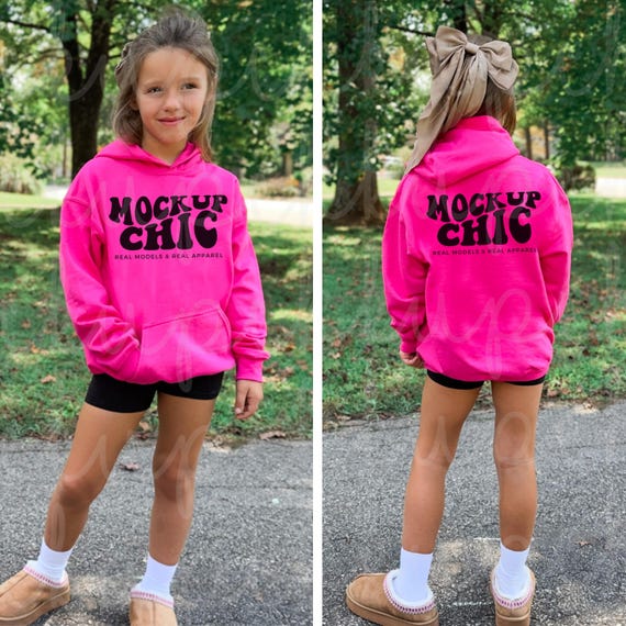 Kid Heliconia Hoodie Mockup, Front Back Bundle, Hot Pink Gildan