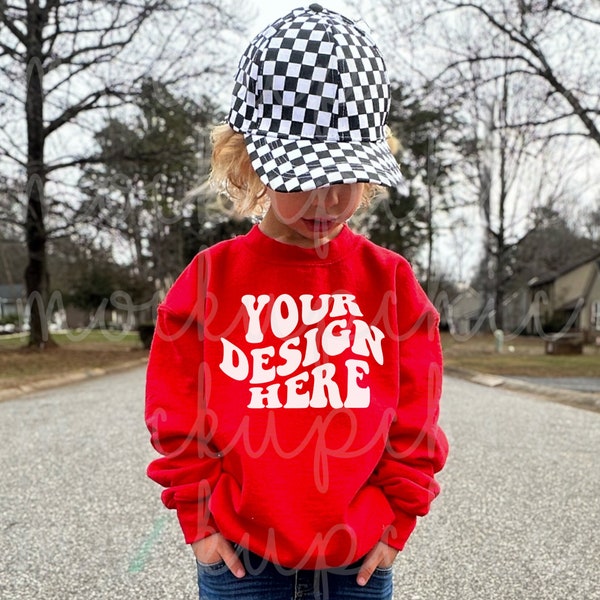 Toddler Red Sweatshirt Mockup, Kids Gildan 18000b Crewneck Mock up, Boy Red Sweater, Lifestyle Model Mocks, Youth Retro Valentines Day POD