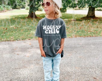 Kid Pepper Shirt Mockup, Comfort Colors 9018 Football Gray T-Shirt, Trendy Influencer Lifestyle Model, Boy C9018 Mock, Youth Short Sleeve