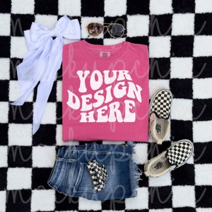 Crunchberry Shirt Flatlay Mockup, Comfort Colors 9018 Pink T-Shirt, Styled Flat lay Tshirt Kid Retro Summer 1717, Youth Short Sleeve Mock