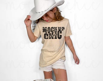 Natural Bella Canvas Mockup, 3001Y Shirt Mock, Saint Patrick's Day Styled T-shirt Mockup-up, Kid Coquette Cowgirl, Girly Youth Western Photo