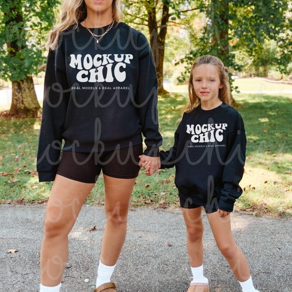 Mom and Me Black Sweatshirt Mockup, Gildan Crewneck Mockups, 18000 18000b Matching Sweater, G180 Fall Mommy Daughter, Trendy Mama Mini Mock
