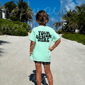 Island Reef Comfort Colors C9018 Back of Shirt Mockup, Cute Kid Lifestyle Model, Toddler Girl Teal TShirt Mock, Youth 9018 Beach T-Shirt POD