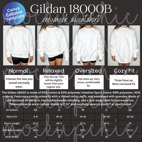 Size Chart Gildan 18000B, Gildan Youth Sweatshirt Size Chart, Gildan 18000B Mockup, Gildan Kids Size Chart, Kids G180b Crewneck Sizing guide