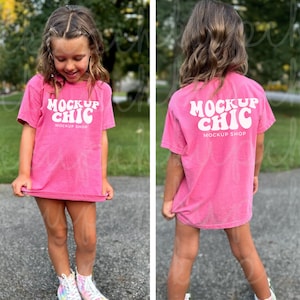Crunchberry FRONT & BACK Comfort Colors Shirt 9018 Mockup Bundle | Kids Pink CC9018 TShirt Mock up | Retro Girl Mocks | Lifestyle Model Mock