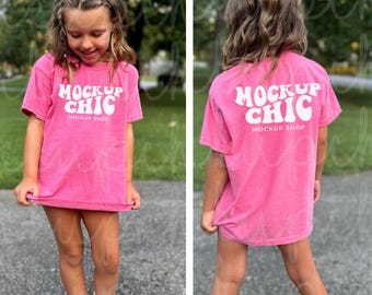Crunchberry FRONT & BACK Comfort Colors Shirt 9018 Mockup Bundle | Kids Pink CC9018 TShirt Mock up | Retro Girl Mocks | Lifestyle Model Mock