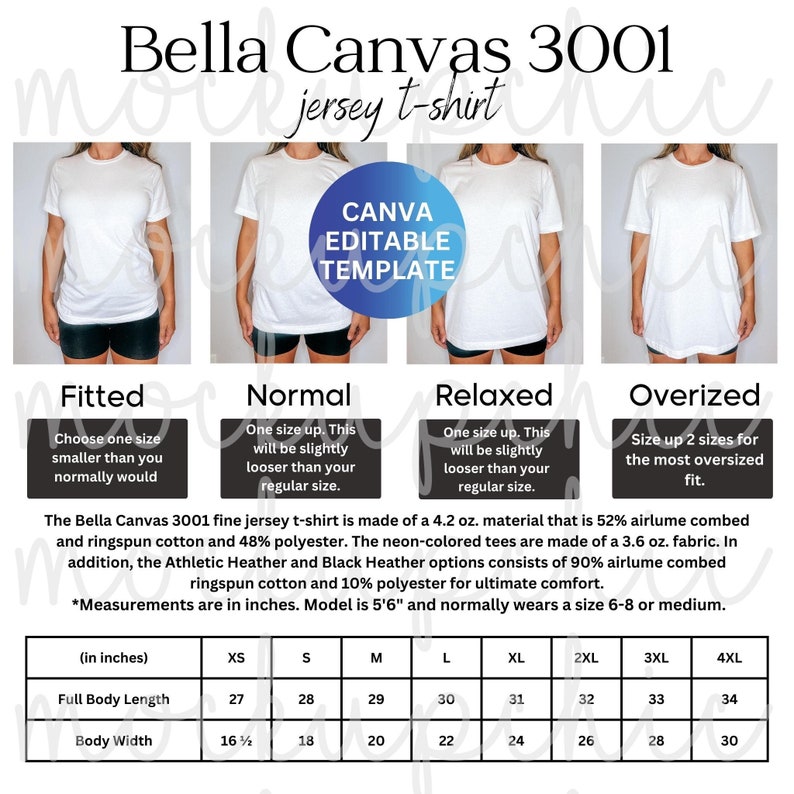 K&ouml;nnte beinhalten: Gr&ouml;&szlig;entabelle in Zoll f&uuml;r das Bella Canvas 3001 Jersey-T-Shirt. Die Tabelle zeigt die Gesamtl&auml;nge und die K&ouml;rperbreite f&uuml;r die Gr&ouml;&szlig;en XS bis 4XL. Die Tabelle enth&auml;lt auch Informationen &uuml;ber die Passform des T-Shirts, die als figurbetont, normal, locker und &uuml;bergr&ouml;&szlig;en beschrieben wird.